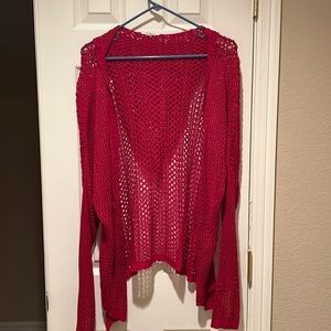 Red crocheted, hooded cardigan